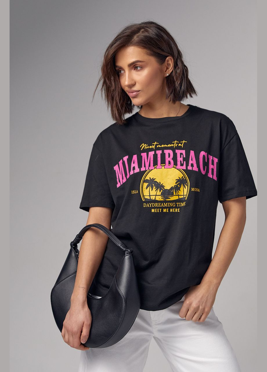 Чорна літня трикотажна футболка з принтом miami beach Lurex
