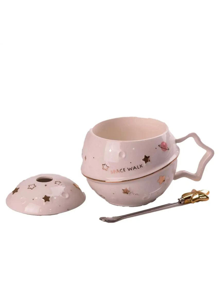 Чашка керамічна 400 мл Space Walk з кришкою та ложкою, білий TS Kitchen (323652613)