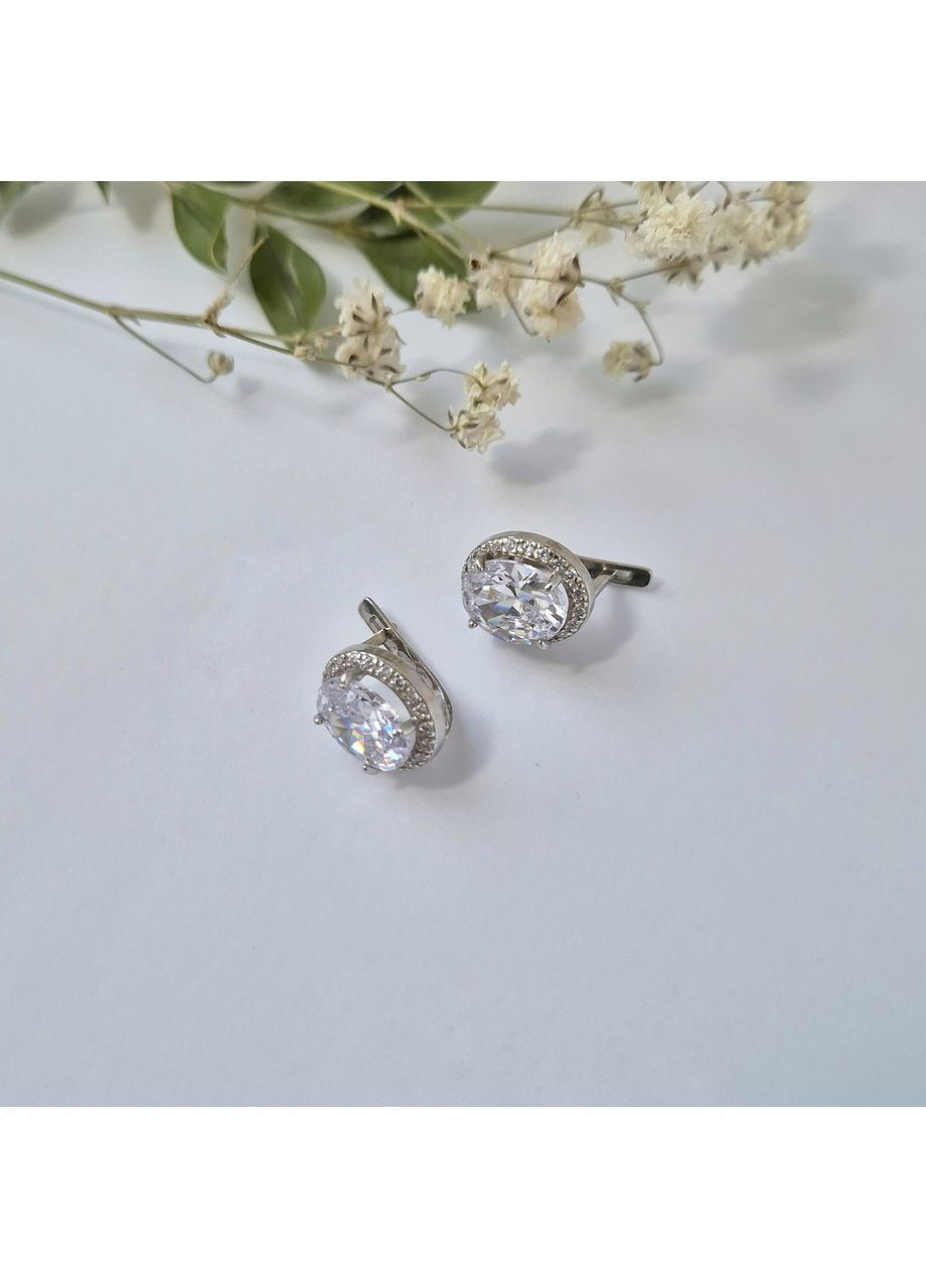 Срібні сережки з Великим Білим каменем срібло 925 проби Родоване 82044б 4.25г No Brand (334012764)