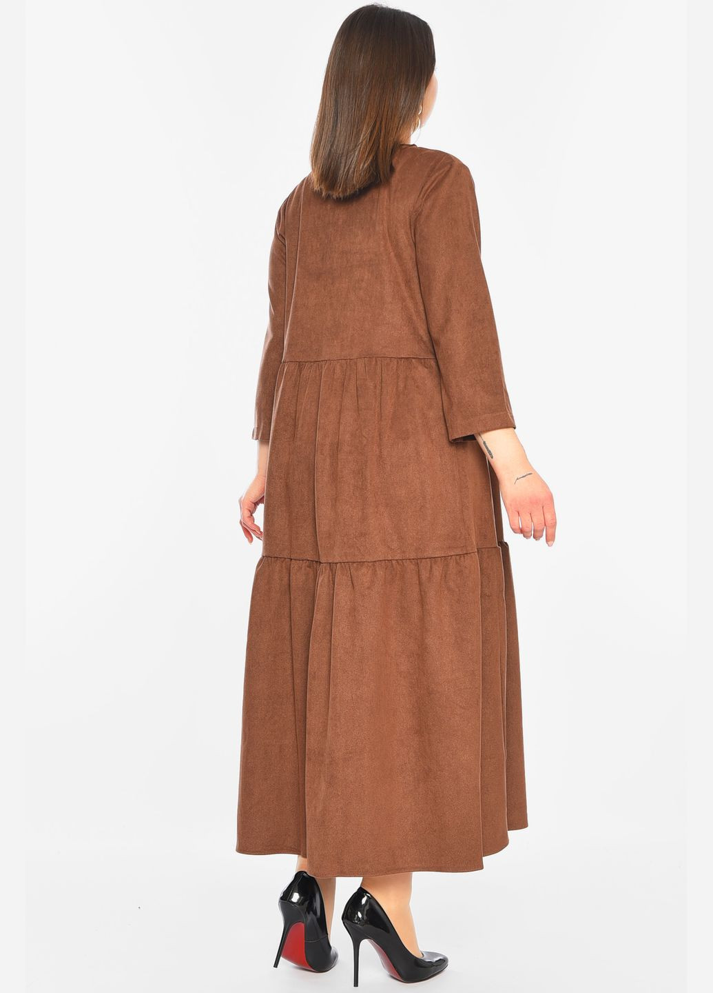 Коричнева джинсова сукня жіноча напівбатальна коричневого кольору а-силует Let's Shop однотонна