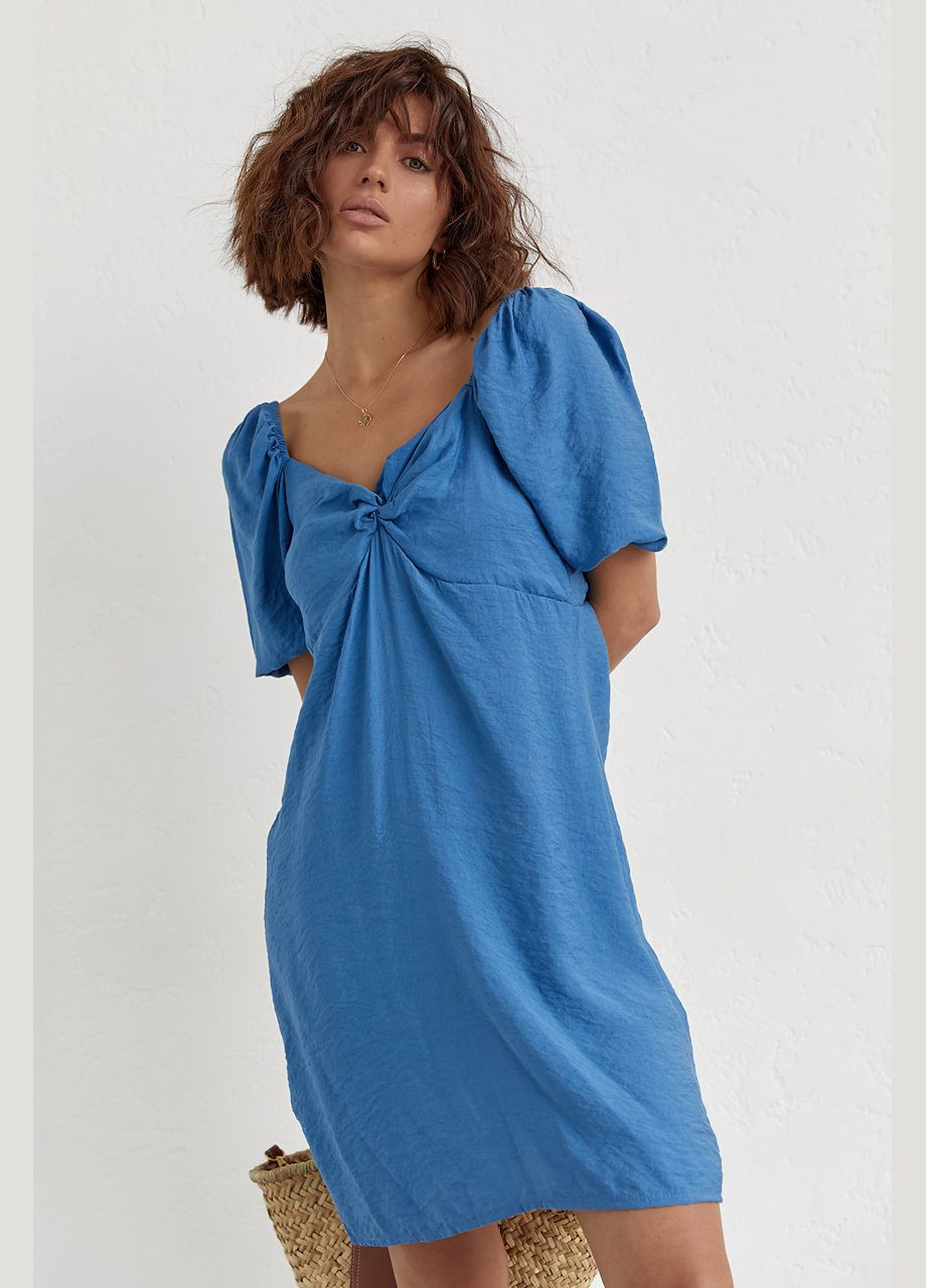 Синее повседневный платье мини с рукавами-фонариками 5561 Lurex однотонное