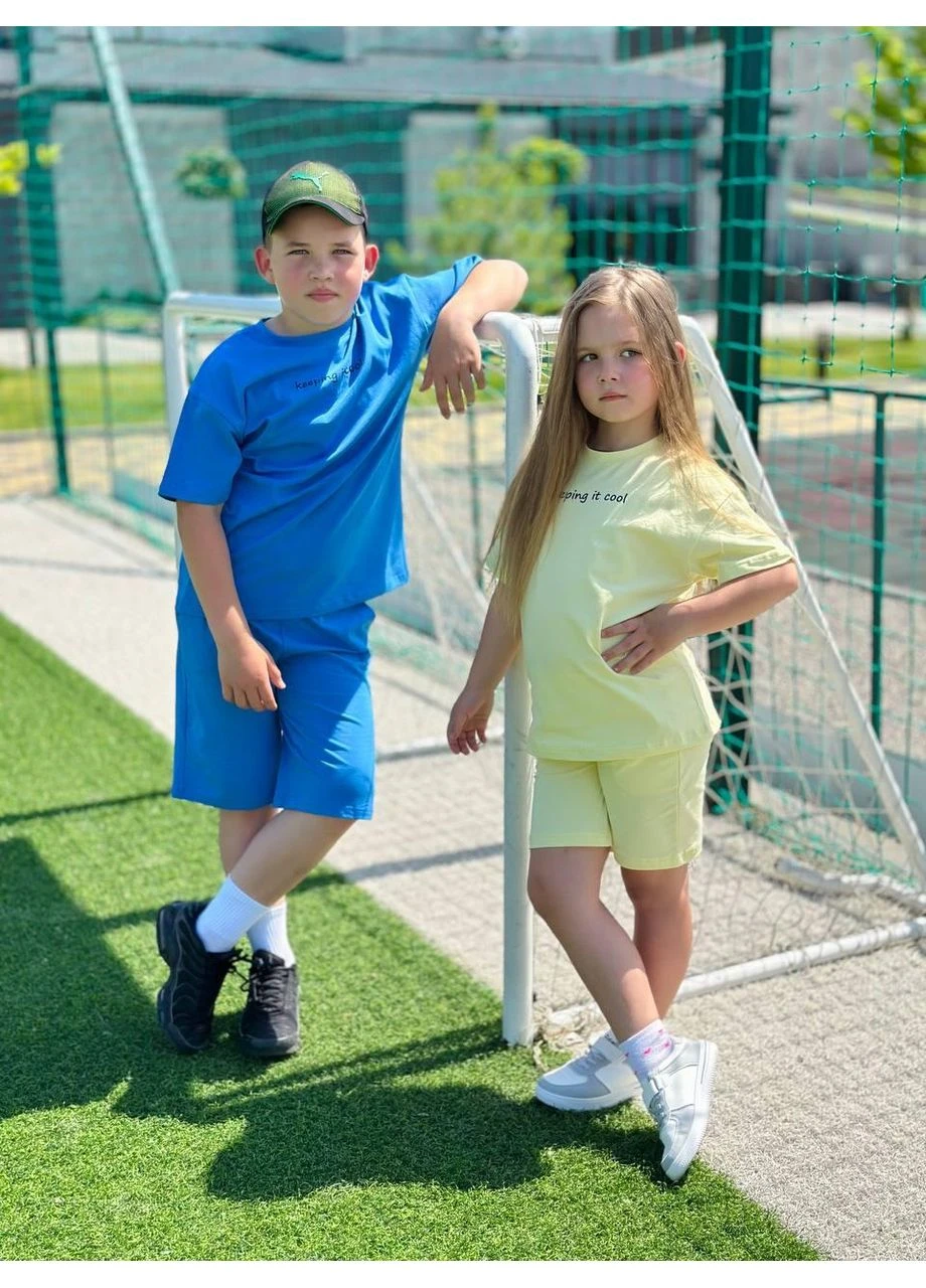 Синій демісезонний дитячий літній костюм (unisex) футболка та велосипедки keep it cool No Brand