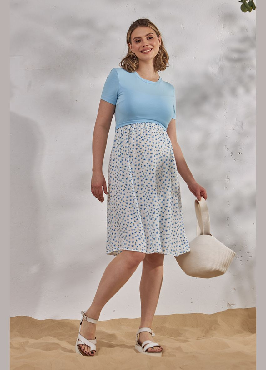 Голубое нежное платье для беременных и кормящих мам голубовато-молочное Юла мама