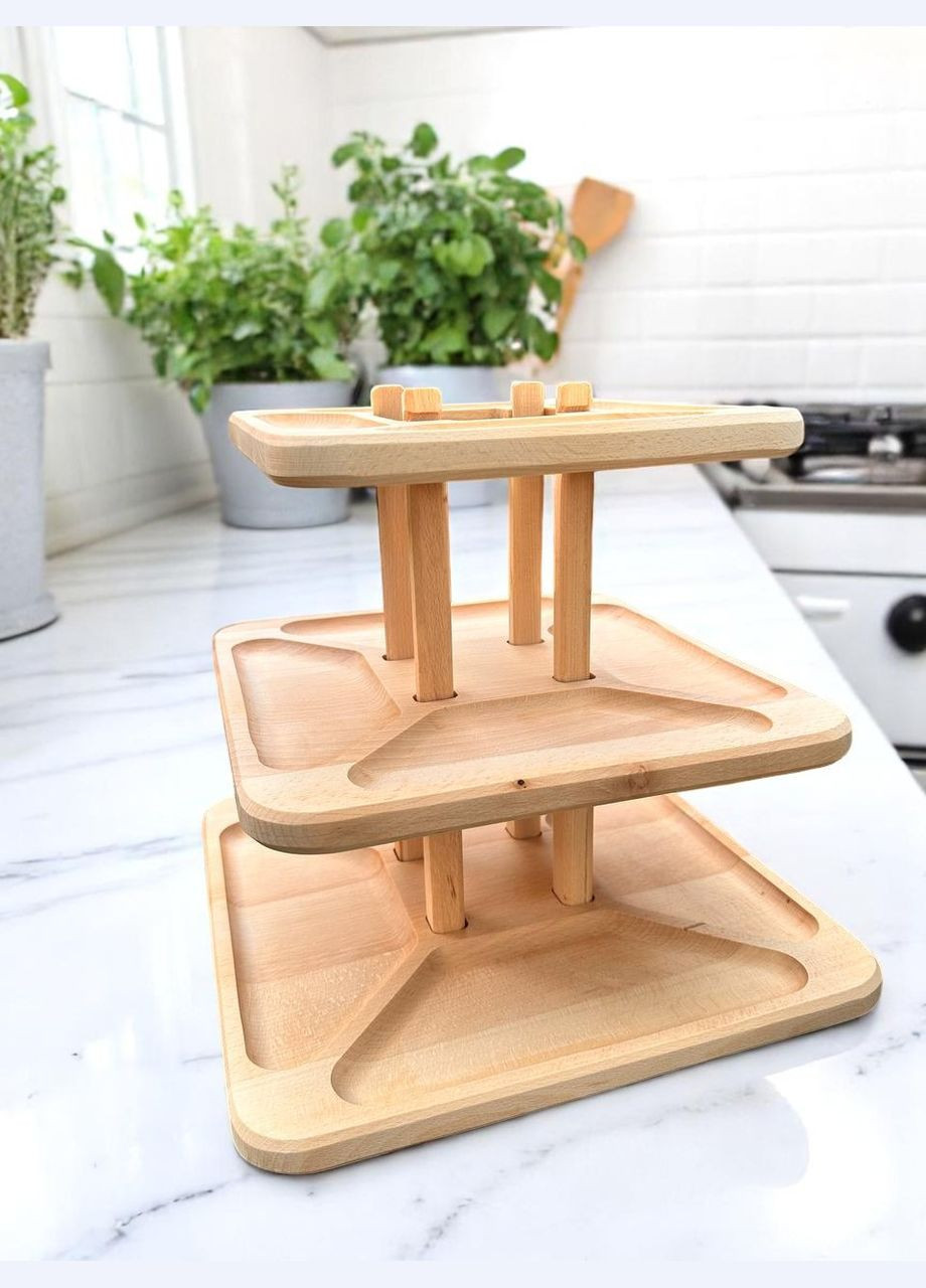 Деревянный универсальный трехъярусный столик из Бука 32x32x3 шт. Трех Ярусная монашественница Разборная №1 No Brand (332210346)