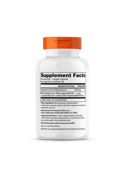 Коэнзим Q10 Высокой Абсорбации 400 мг, BioPerine,, 60 желатиновых капсул Doctor's Best (326054099)