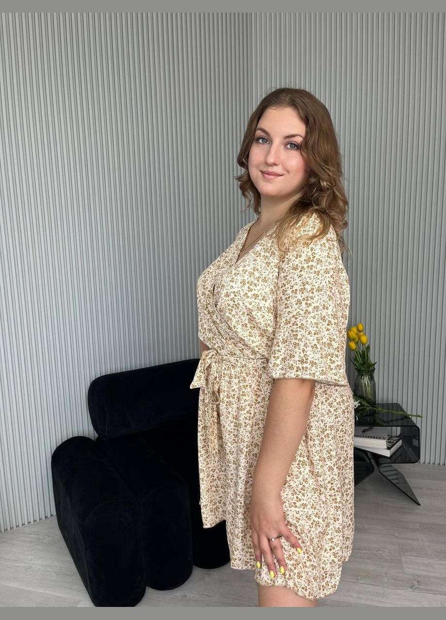 Жіночий літній комбінезон з імітацією запаху MonCher комбінезон-шорти бежевий повсякденний штапель