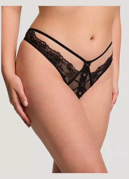 Женские трусики открытые Rose Lace & Grommet Crotchless Thong Panty Black Victoria's Secret (327218035)