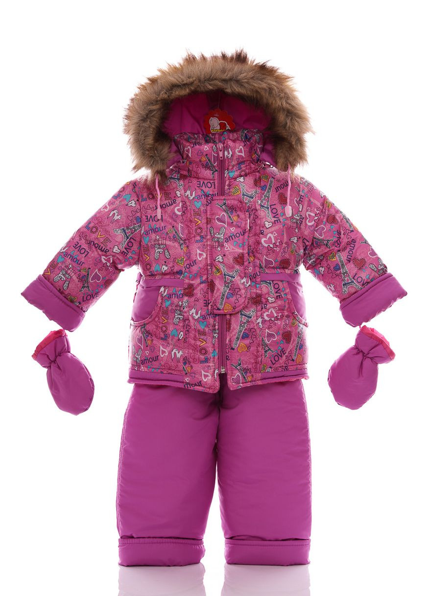 Рожевий зимній комбінезон на синтепоні для дівчинки з принтом сердечек нуль підстібка рожеве коричневе хутро 86 см (50726) BABYKROHA