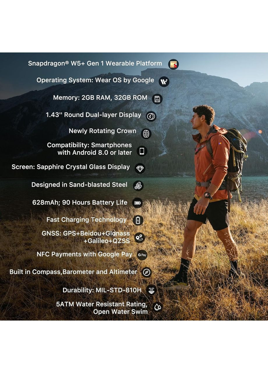 Умные часы Ticwatch Atlas для мужчин, Android Wear OS, фитнес-трекер, 5ATM, GPS-компас, Android Smart Watch (356493961)