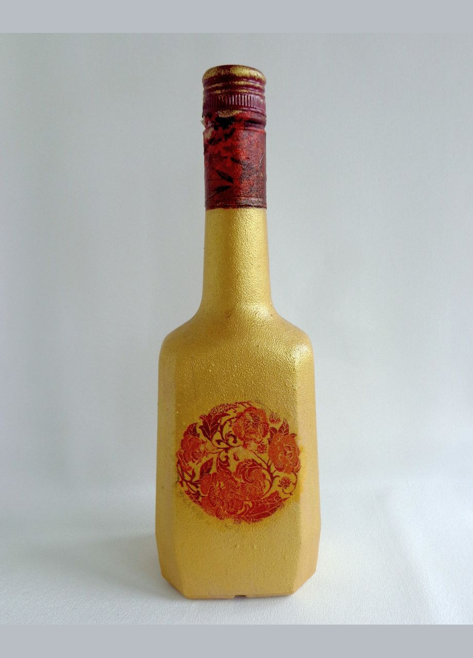 Декоративна золота інтер'єрна пляшка ручної роботи в техніці декупаж "Дама з віялом" No Brand (349843363)