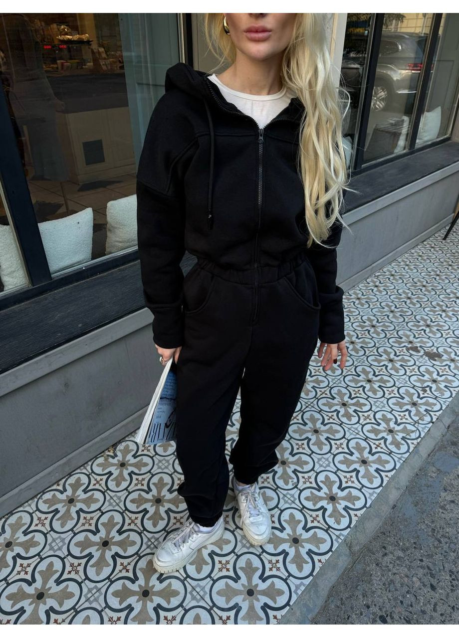 Комбинезон No Brand комбинезон-брюки однотонный чёрный повседневный, кэжуал трехнитка с начесом