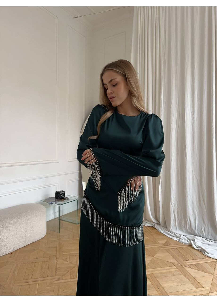 Изумрудное праздничный элегантное платье из шелка армани с камнями — замеры в описании силуэтная DK/DL Мода без кордонів однотонное