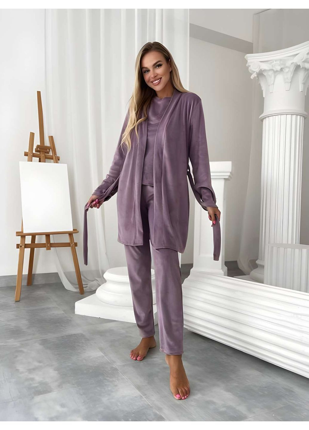 Темно-розовая зимняя женская велюровая пижама пижамный комплект тройка со штанами лавандовый сиреневый Україна
