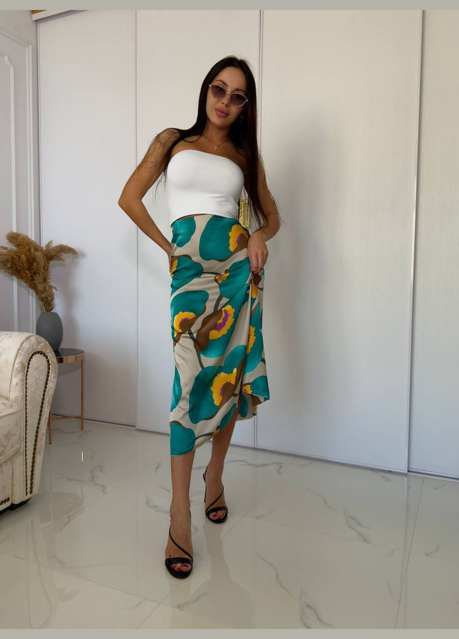 Кофейная повседневная, кэжуал цветочной расцветки женская капучино с бирюзой юбка. No Brand