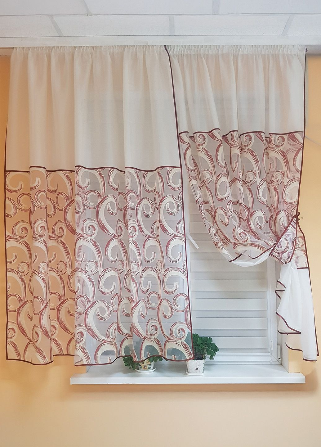 Комплект гардин до подоконника Завитки 200см молочный с терракотовым (73_2к) Firanka Venzel (364502897)