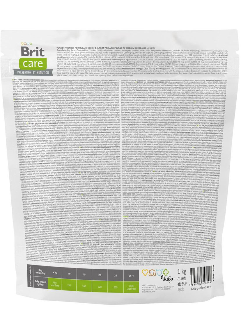 Корм для собак середніх порід Dog Sustainable Adult Medium Breed з куркою та комахами 1 кг. Brit Care (315867929)