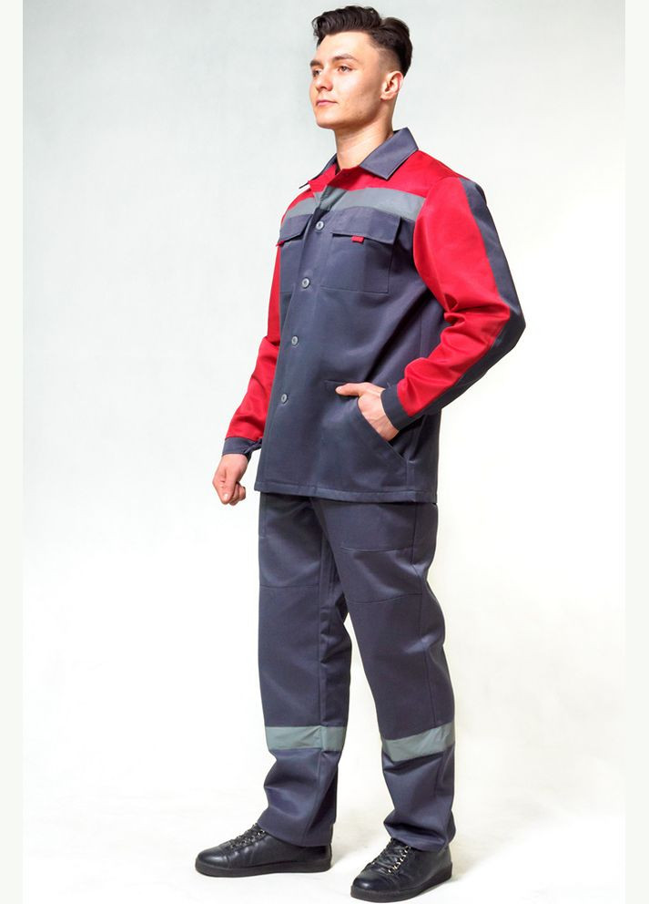 Сірий демісезонний костюм робочий дефенса з спс (куртка+напівкомбінезон), сіро/червоний 170/176см ProsPerous