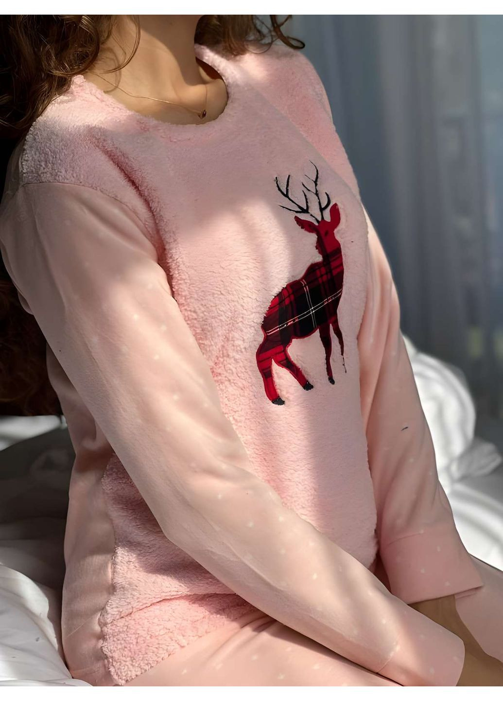Розовая женская теплая зимняя махровая пижама, махра и флис, олени, на подарок No Brand