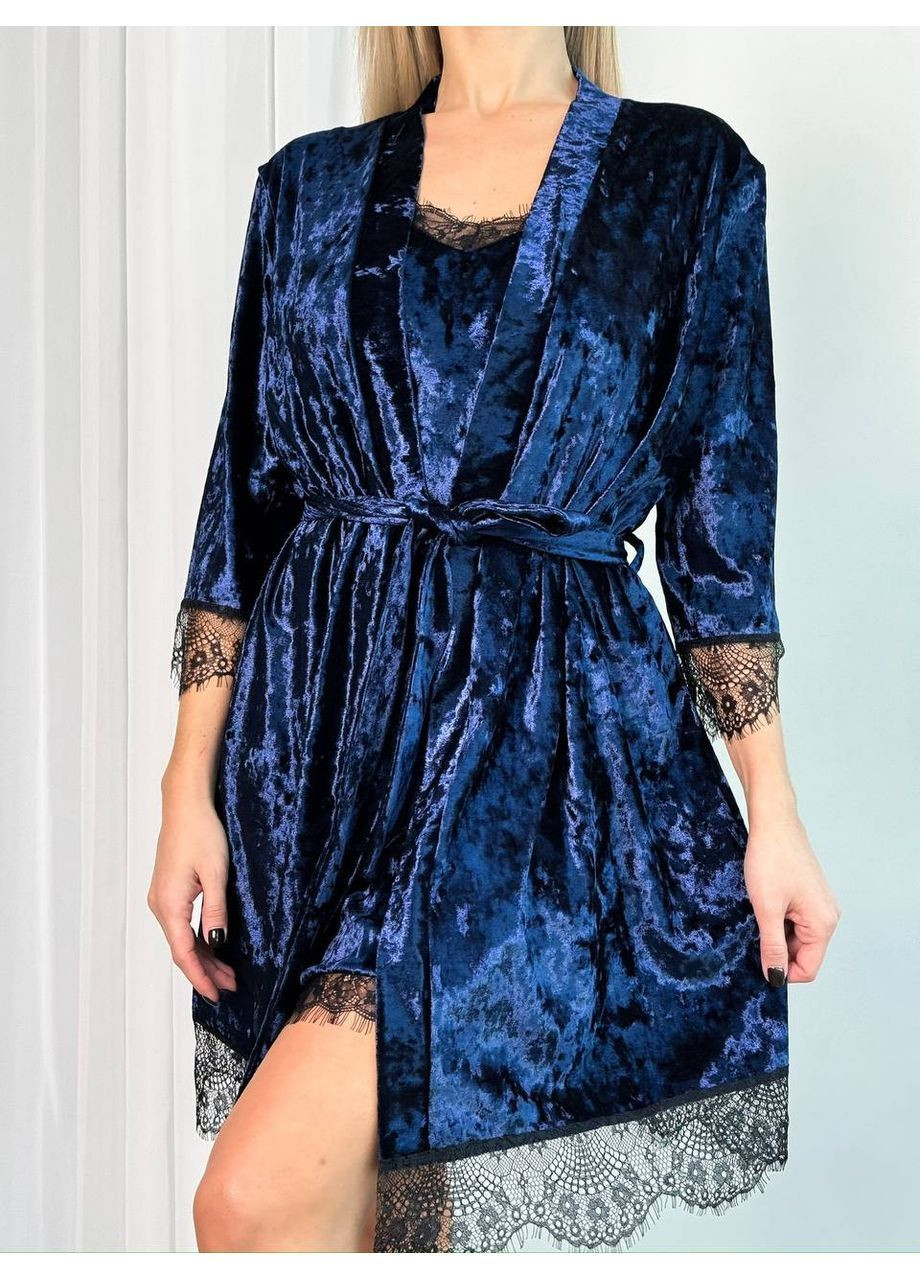 Темно-синя всесезон велюрова піжама двійка No Brand