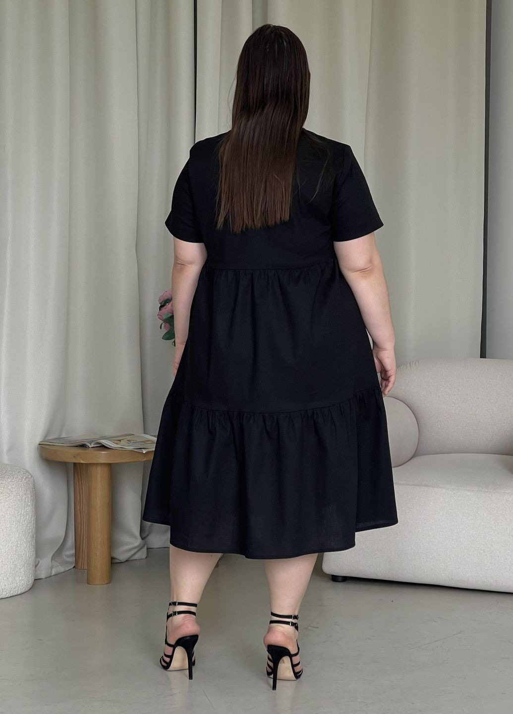 Черное деловое, повседневный, кэжуал льняное платье с рюшами миди черное гутта 700001241 а-силуэт Merlini однотонное