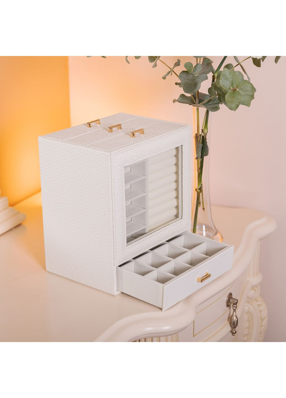 Шкатулка для украшений из экокожи 3 яруса органайзер для драгоценностей белая с велюровым покрытием ProDobro (364192741)