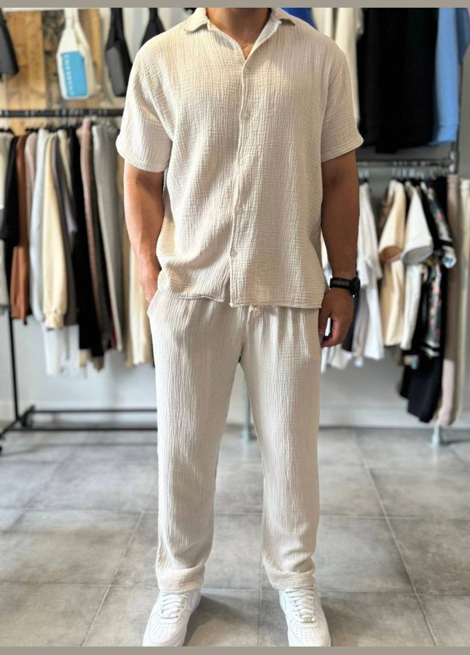 Пісочний літній чоловічий костюм з сорочкою, брючний Гермес