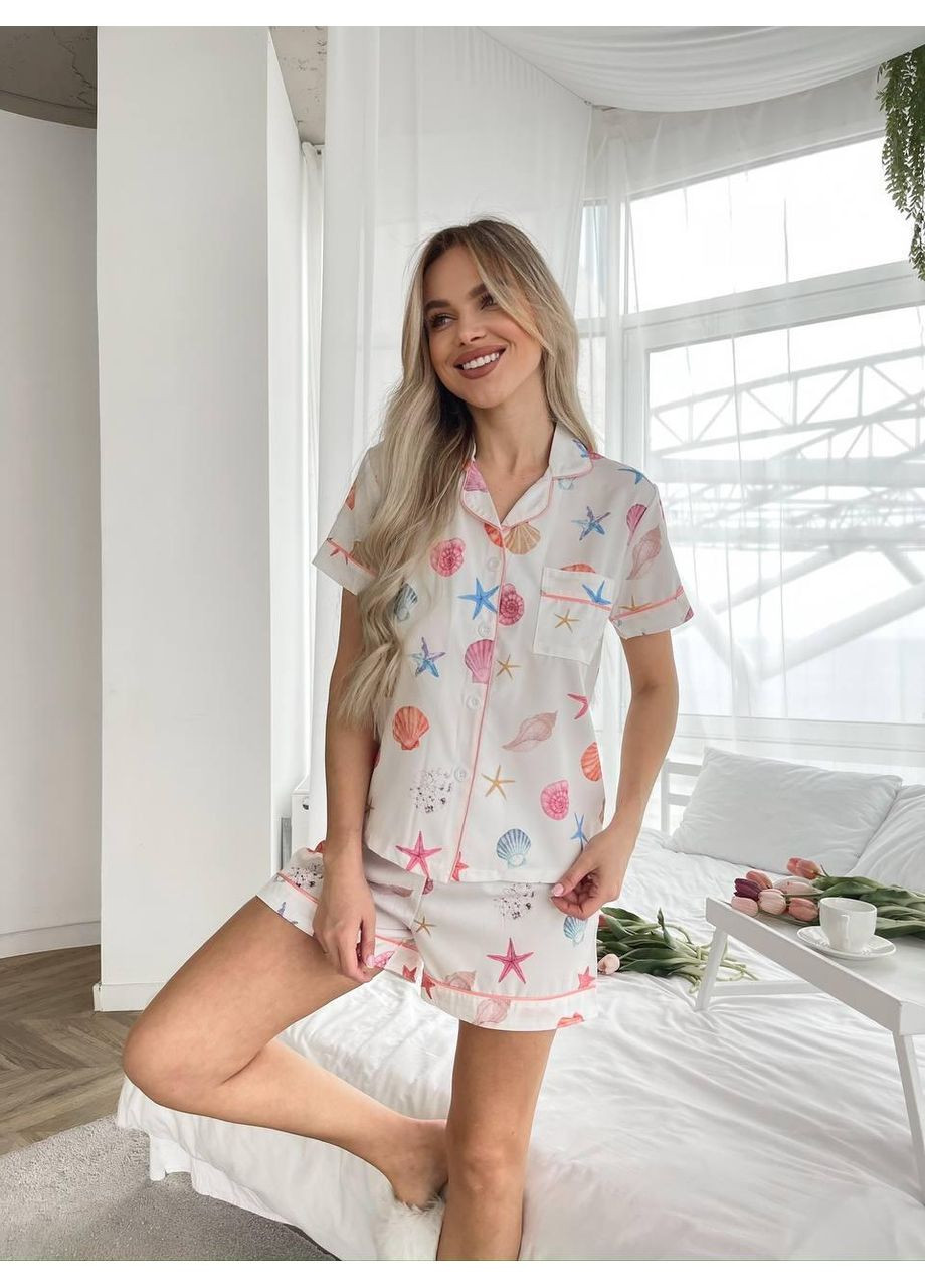 Белая пижама женская с принтом ракушек и морских звезд ткань софт / летняя пижама морской принт ракушки и звезды / комплект для сна No Brand