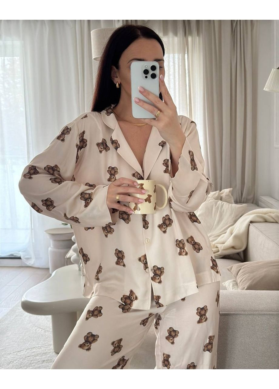 Молочная всесезон женская пижама с мишками рубашка + брюки No Brand