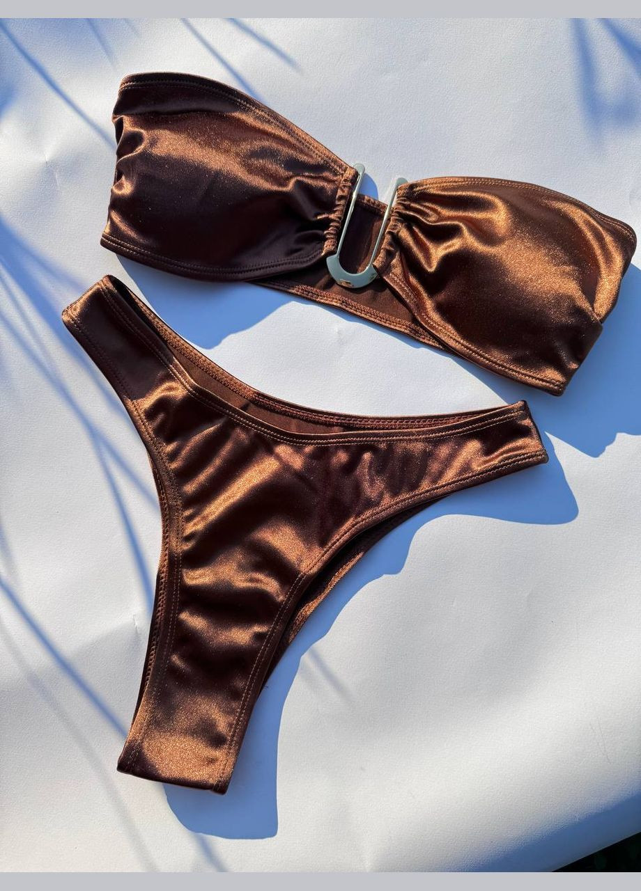 Коричневий жіночий роздільний купальник бандо з металевим декором атласний golden touch коричневий No Brand