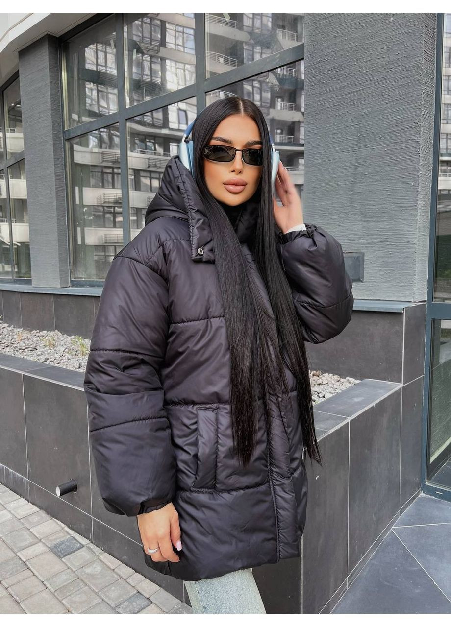 Чорна зимня куртка-пуфер зима,з поясом та капюшоном,низ та рукава на резинці,мікро пух 250 Україна