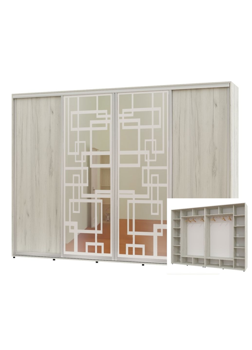 Шафа-купе чотиридверна 350*60*250 Дуб крафт білий 2 ДСП/2 Дзеркала з піскострумним малюнком Алекса (360453486)