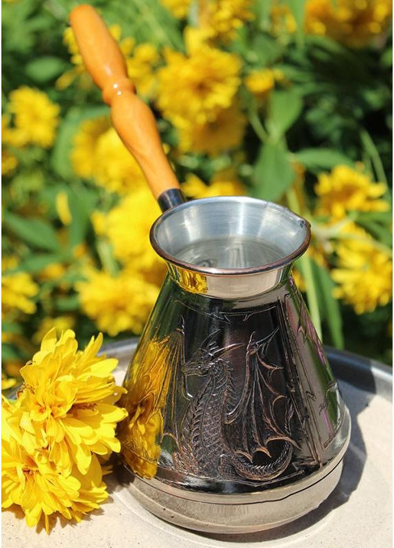 Мідна турка Дракони 750 мл Copper Style для кави з дерев'яною ручкою гравіювання драконів S&T (368991442)