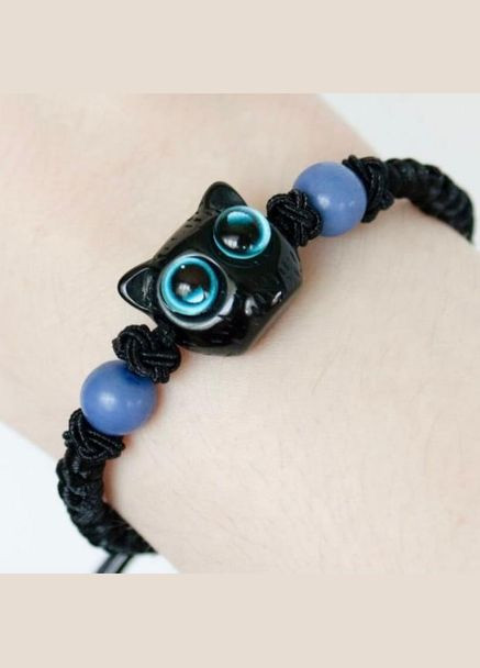 Браслет з бусинками та котиком з блакитними очима плетена фенечка регулюється розмір няшний аксесуар з головою кота для підлітка No Brand (334003600)