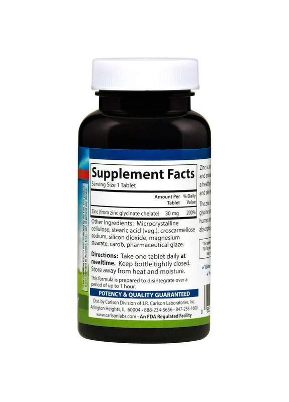 Цинк хелатний Carlson Chelated Zinc 30 мг 250 таб Carlson Labs (359473703)