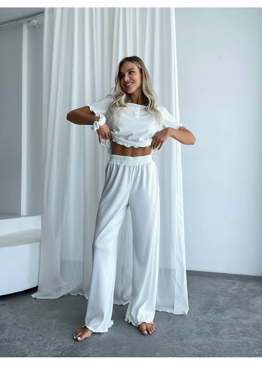 Молочная всесезон женский домашний комплект тройка (топ+резинка+штаны) Fashion