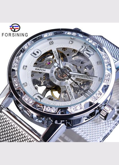 Жіночий механічний наручний годинник Forsining скелетон з відкритим механізмом і камінчиками сріблясті з білим (sku_996С) No Brand (346078221)