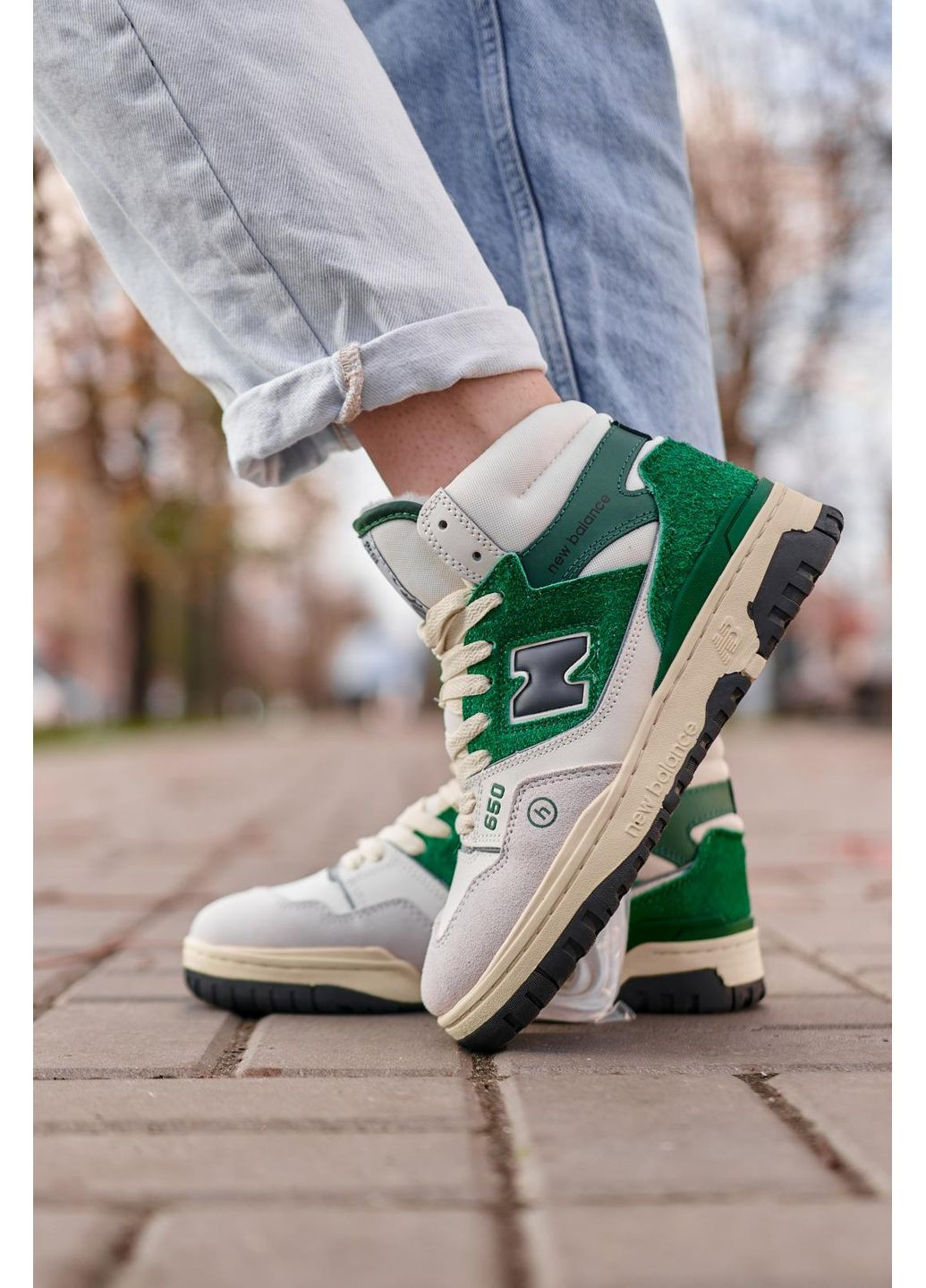 Серые зимние кроссовки мужские new balance 650 hight green white fur нью беланс 650 No Brand
