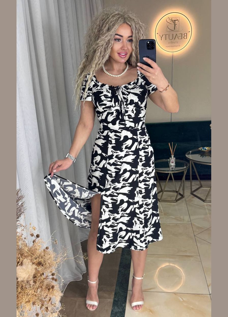Черно-белое повседневный, праздничный стильное женское платье с завязками силуэтная Style Point с абстрактным узором