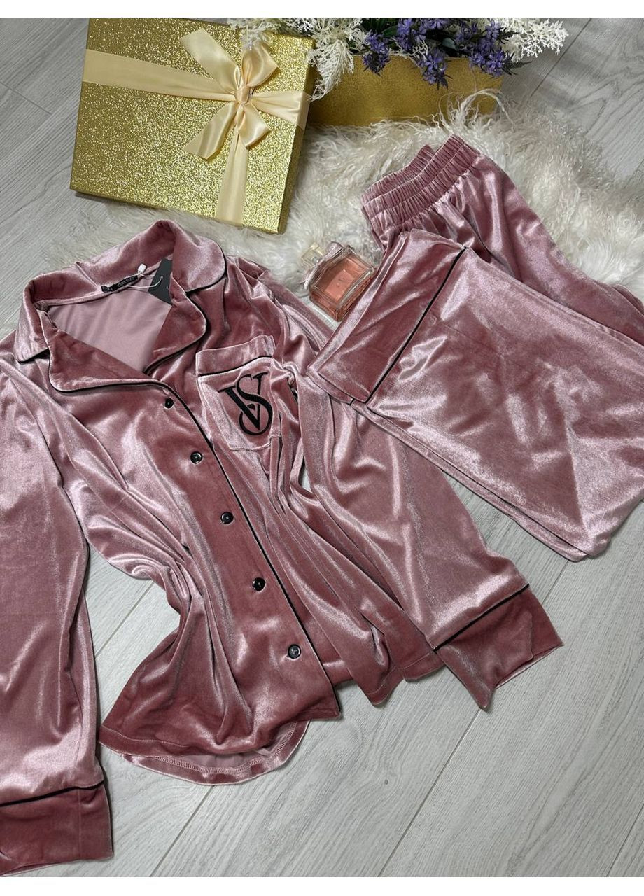 Пудровая зимняя женская бархатная пижама рубашка + брюки Asi.Store.ua