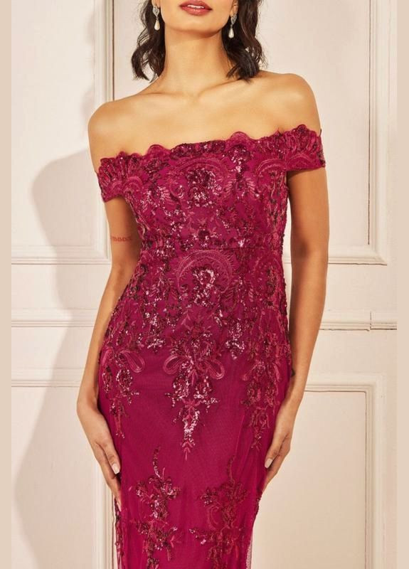 Бордовое платье макси вечернее нарядное с пайетками рыбка Goddiva