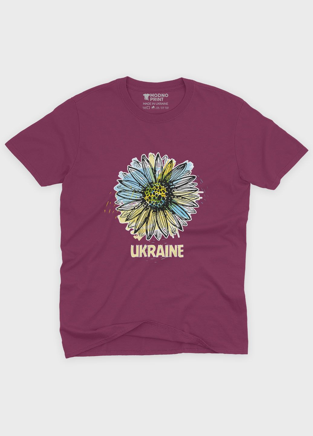 Бордова літня жіноча футболка odno з патріотичним принтом квіти m (ts001-5-bgr-005-1-119-f) Modno