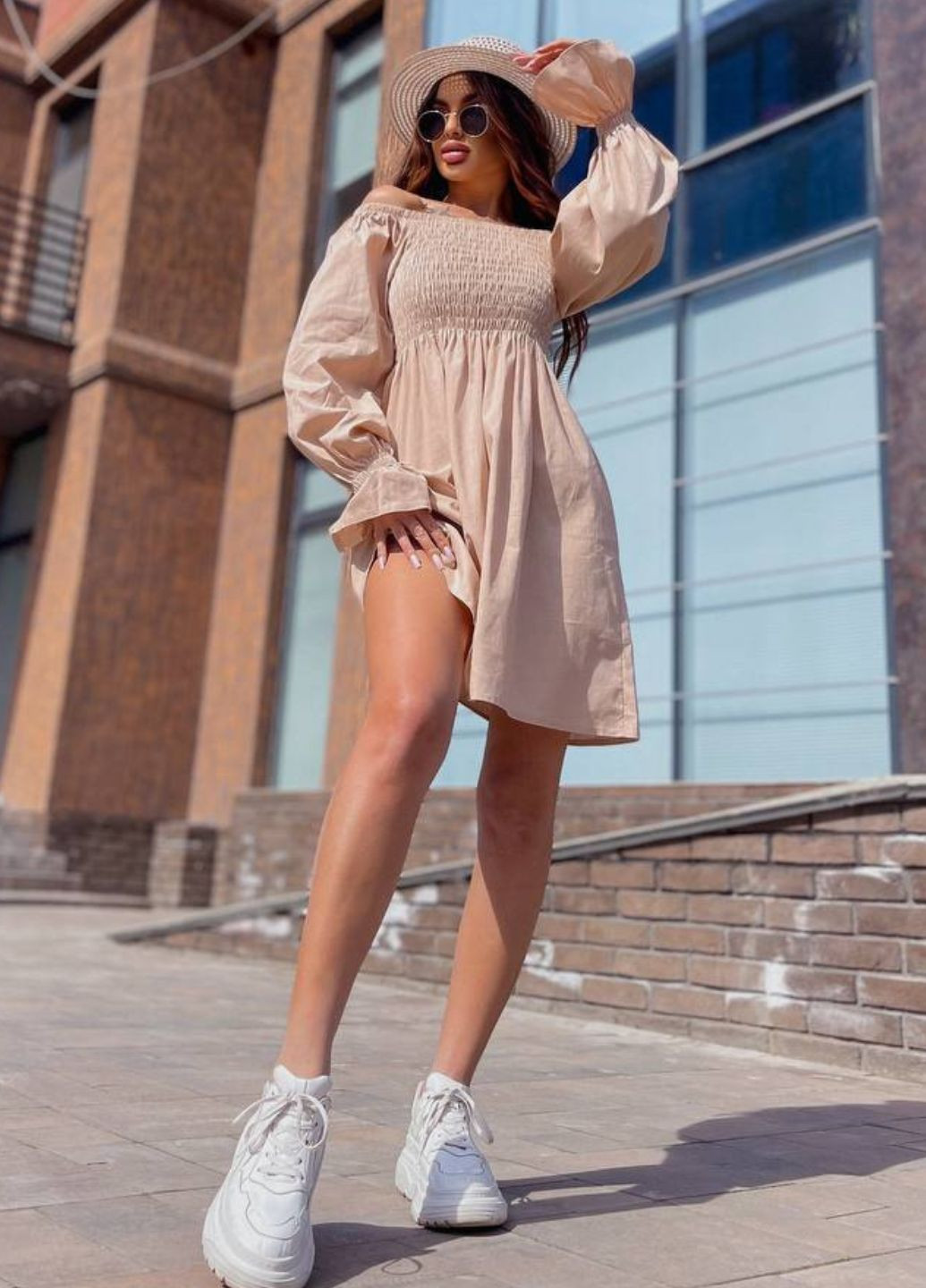 Бежева повсякденний жіноча сукня з льону з рукавами-ліхтариками а-силует Tik-Tak однотонна