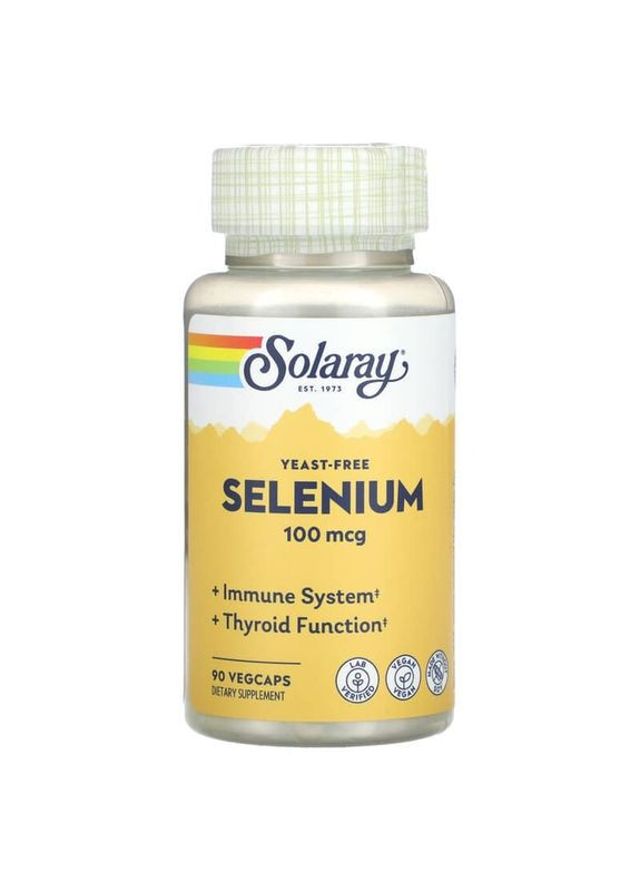 Селен 100 мкг Selenium Yeast Free для поддержания иммунитета 90 вегетарианских капсул Solaray (292728034)