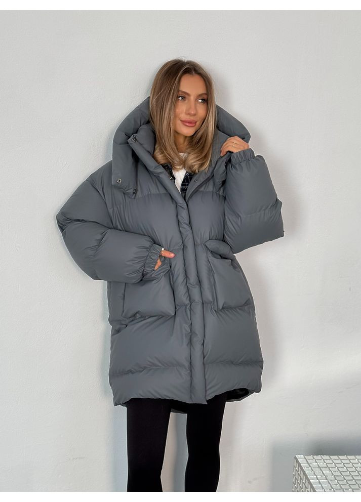Графітова зимня жіноча куртка пуфер beze long з кишенями і знімним капюшоном (mil591) milirud