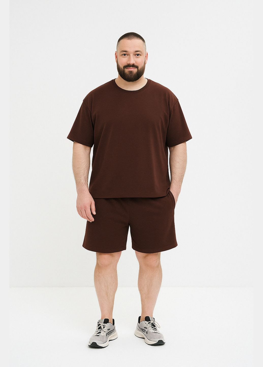 Темно-коричневый летний комфортный летний комплект в стиле оверсайз с шортами Vakko