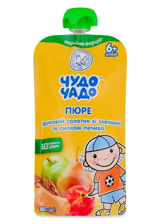 Пюре Фруктовий салатик з печивом та злаками 180г Чудо-чадо (369544282)