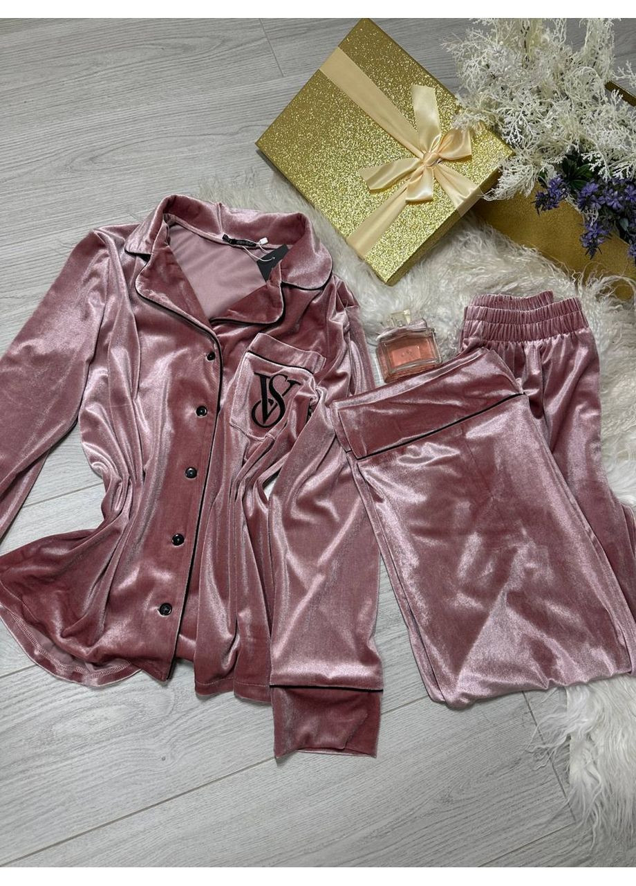 Пудровая зимняя женская бархатная пижама рубашка + брюки Asi.Store.ua