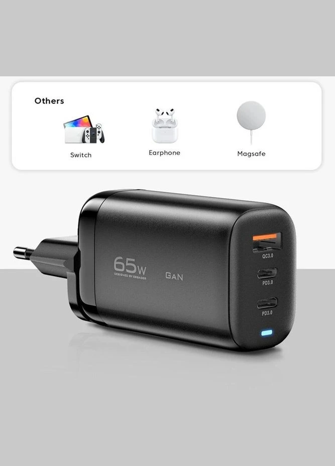 Блок зарядний — мережевий адаптер Shining 65W — 3 порти 2 Type-c + USB-A чорний Essager (293346022)