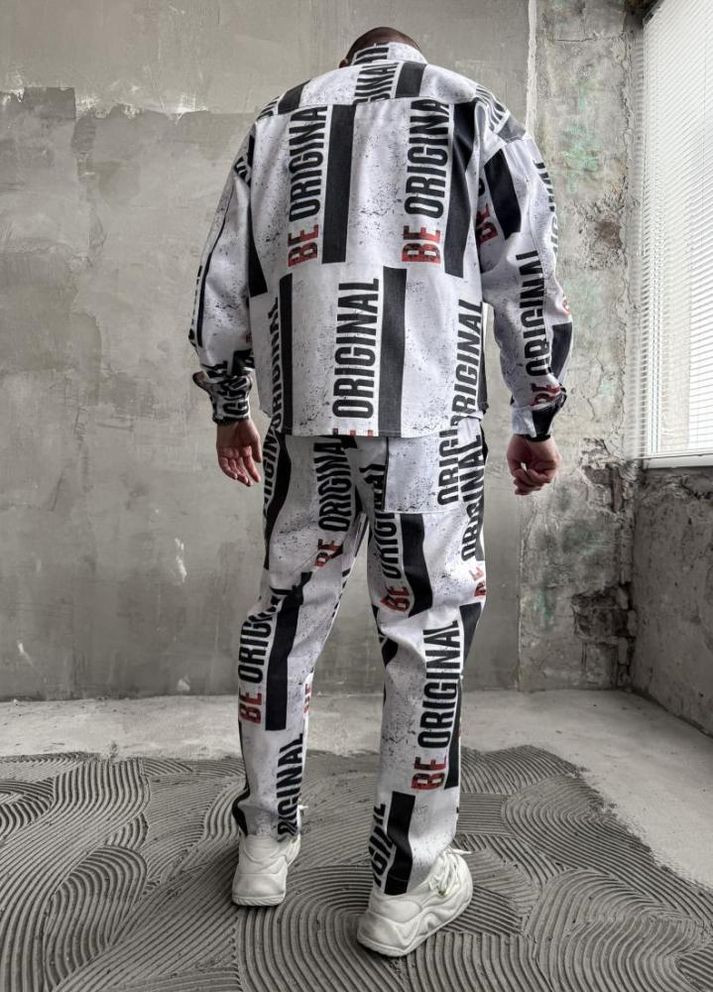 Білий демісезонний костюм котоновий сорочка штани оверсайз стильний принт весна осінь No Brand