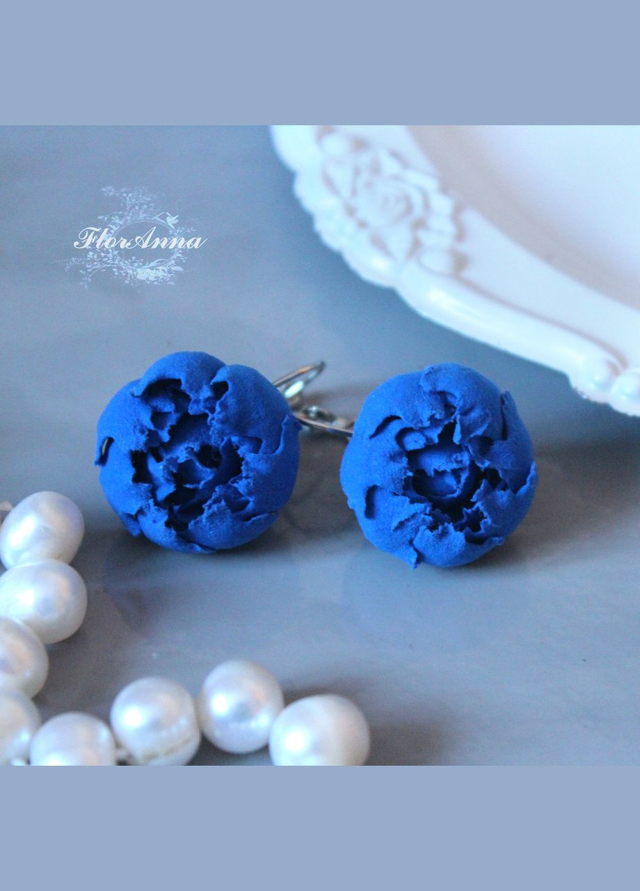 Сині сережки квіти ручної роботи з полімерної глини "Сині півонії". Handmade (321971038)